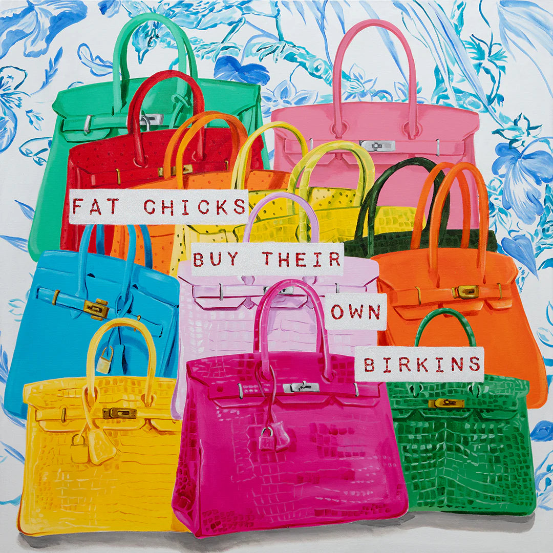 Colorful handbags with text on a patterned background