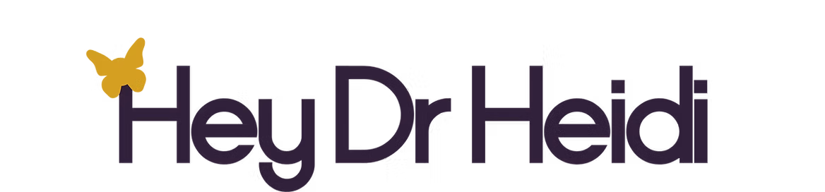 Logo of 'Hey Dr Heidi' with a yellow butterfly on a white background