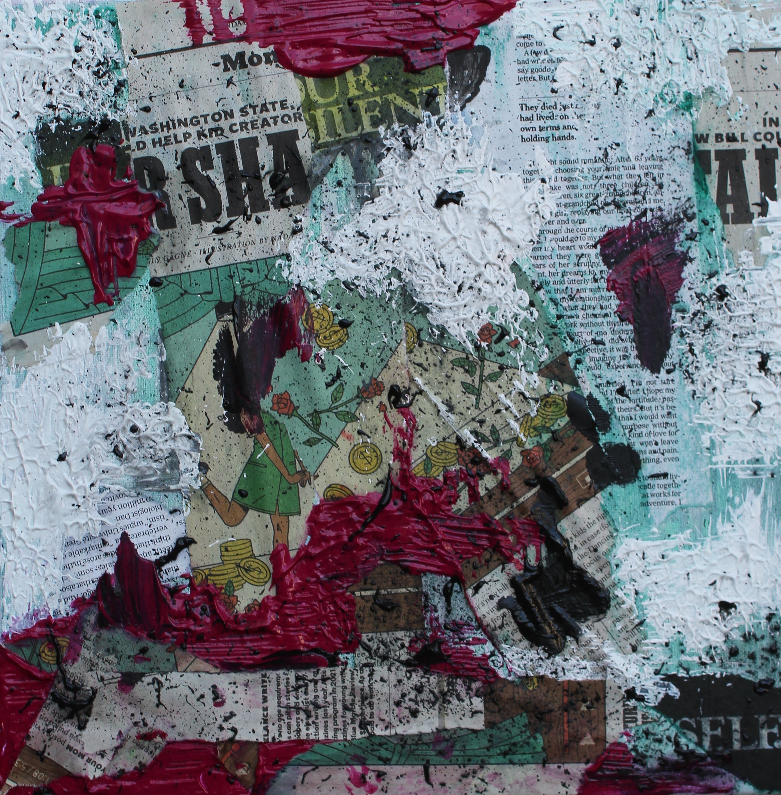Collage art piece on a textured surface with visible text and colors
